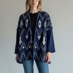 Bleu Bayou Navy Blue Cotton Embroidered Geometric Aztec Open Front Cardigan M